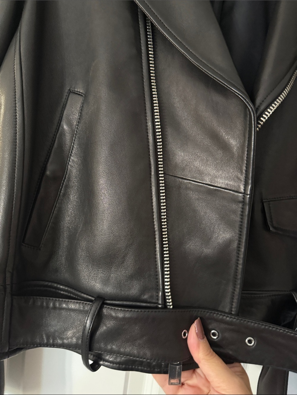 Theory Black Lambskin Leather Moto Jacket with Belted Hem - Picture 4 of 7